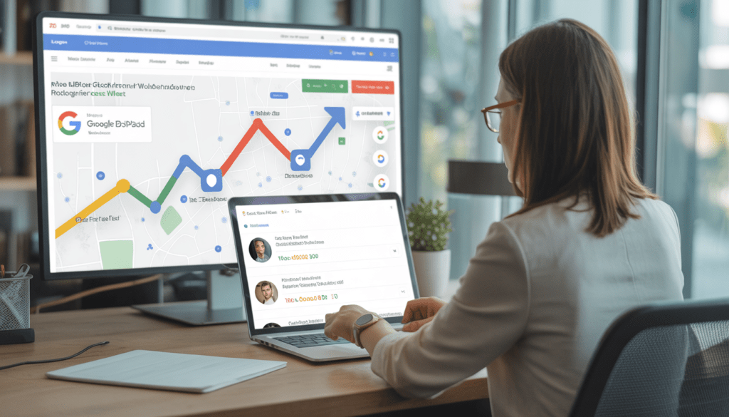 Consultant freelance travaillant dans un bureau moderne à Lyon, montrant un mockup WordPress propre et un tableau de bord Google Ads en hausse sur l'écran, carte locale stylisée avec marqueurs Google Business Profile et éléments SEO subtils autour