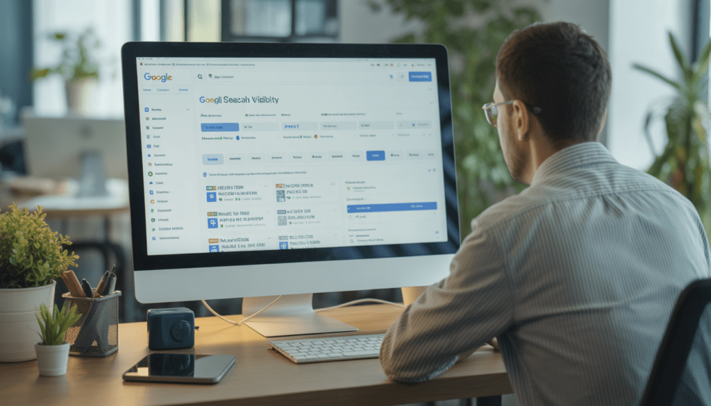 Consultant SEO local freelance à Lyon travaillant dans un bureau moderne et épuré, analysant les résultats de recherche Google et un tableau de bord de visibilité locale sur un écran d'ordinateur, avec un éclairage naturel