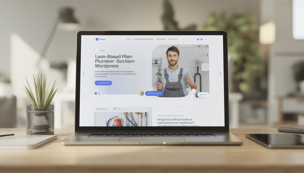 Écran d’ordinateur professionnel affichant un site WordPress moderne et épuré pour un plombier basé à Lyon dans un environnement d’agence digitale lumineux et propre