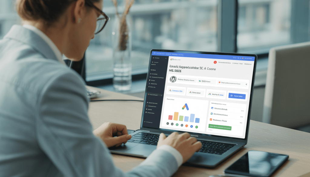 Consultant marketing digital Lyon analysant la visibilité locale d'une PME dans un bureau moderne