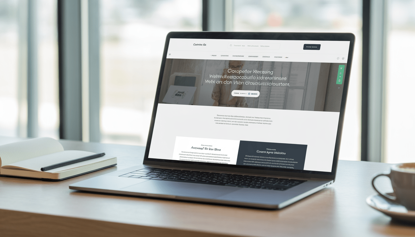 Ordinateur portable moderne affichant une maquette de site web professionnelle dans un bureau lumineux avec café et carnet