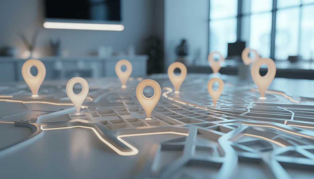 Carte digitale de Lyon avec des marqueurs lumineux sur les quartiers d'artisans dans un bureau moderne à éclairage haute technologie, environnement propre, photoréaliste