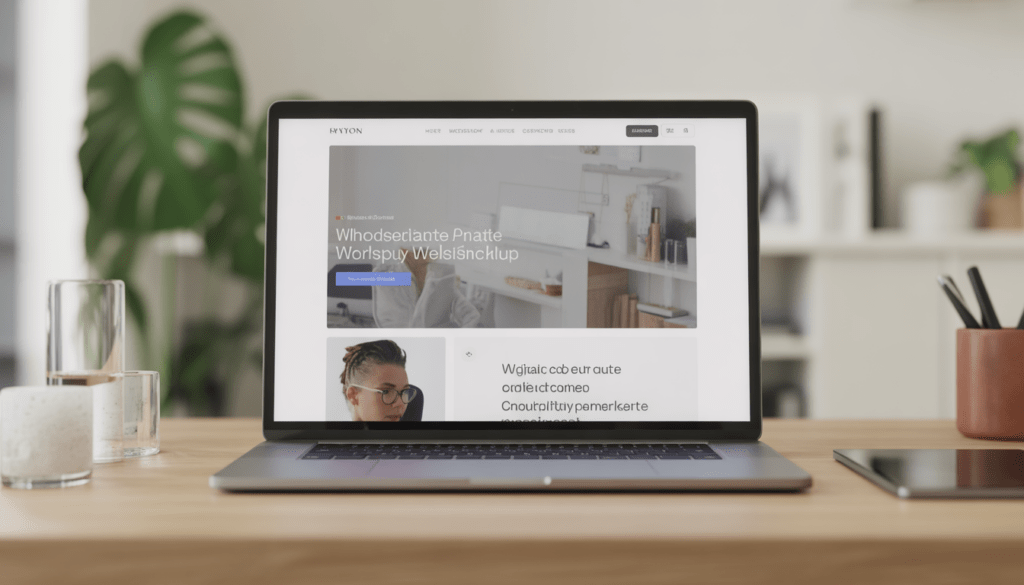 Bureau moderne à Lyon avec un ordinateur portable affichant une maquette propre d'un site WordPress, éclairage naturel doux et accessoires minimalistes dans un espace de travail de consultant digital