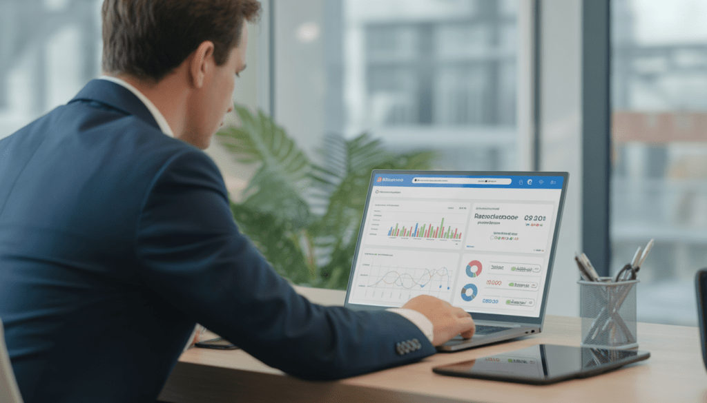 Consultant SEO analysant des graphiques de performance SEO sur un ordinateur portable dans un bureau moderne lumineux