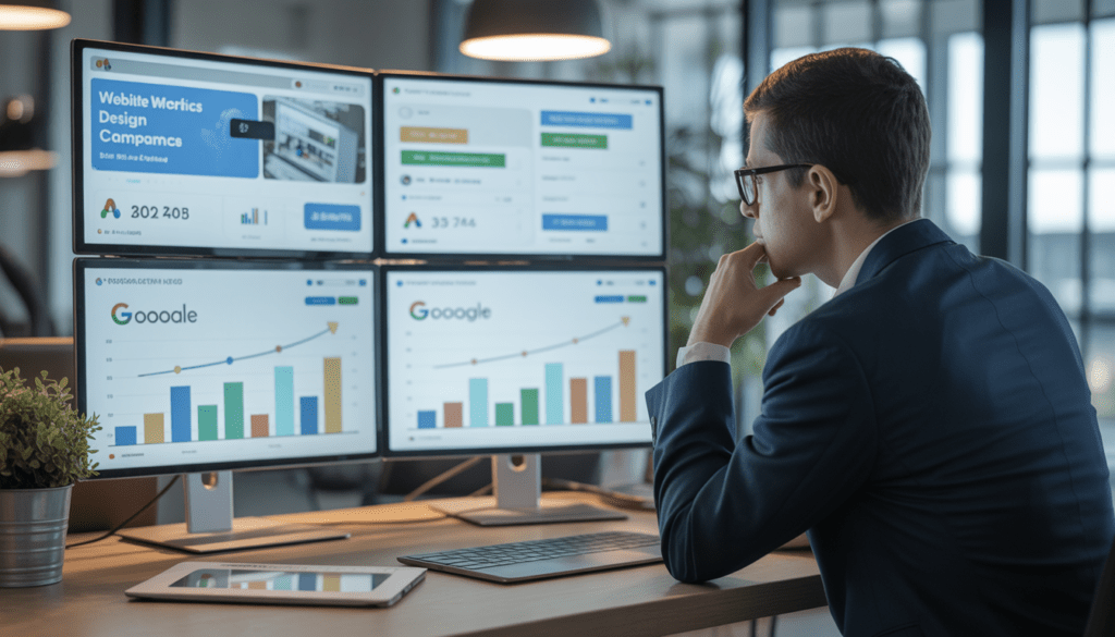 Consultant marketing digital analysant plusieurs écrans avec designs de site web, campagnes Google Ads et métriques de performance dans un bureau moderne et lumineux