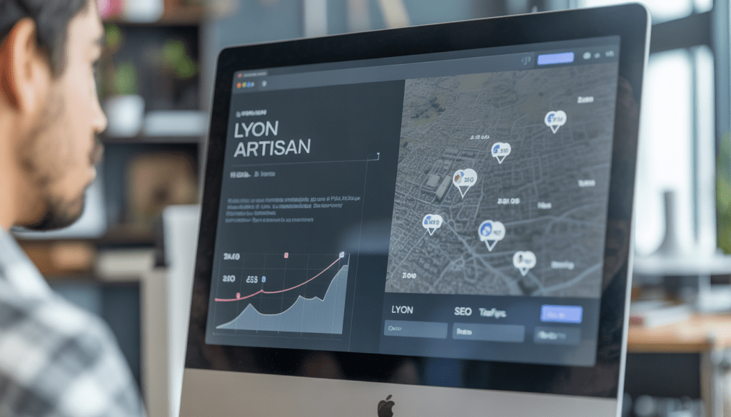 Écran d’ordinateur professionnel affichant un design web moderne et épuré pour artisan de Lyon, avec des marqueurs de carte locale et des graphiques SEO en hausse, dans un bureau high-tech à lumière naturelle douce