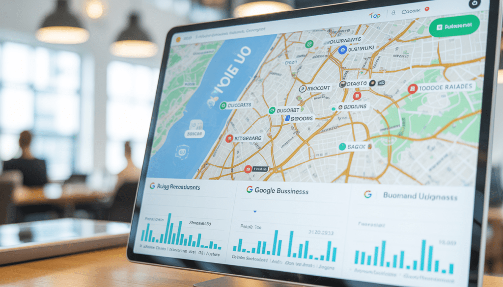 Carte locale détaillée de Lyon affichée sur un écran moderne avec des marqueurs précis pour des restaurants pas chers, graphiques analytiques élégants montrant la croissance du trafic et l'optimisation Google Business dans un environnement professionnel high-tech