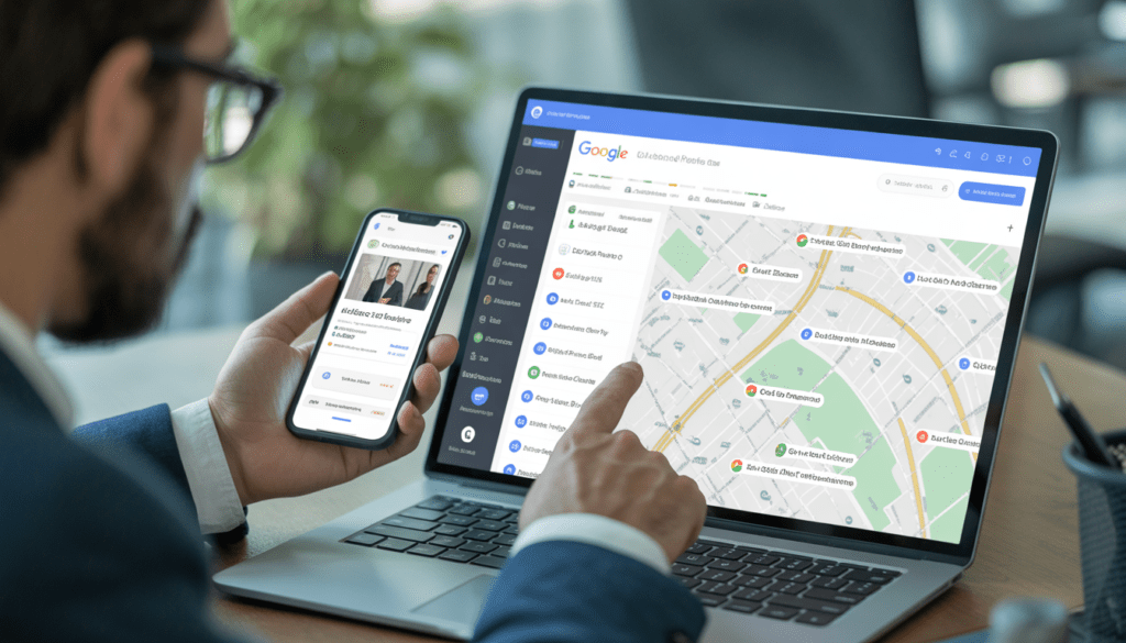 Expert en marketing digital analysant un tableau de bord SEO local avec une carte Google Business Profile et des marqueurs géolocalisés affichés sur un smartphone dans un bureau moderne et lumineux
