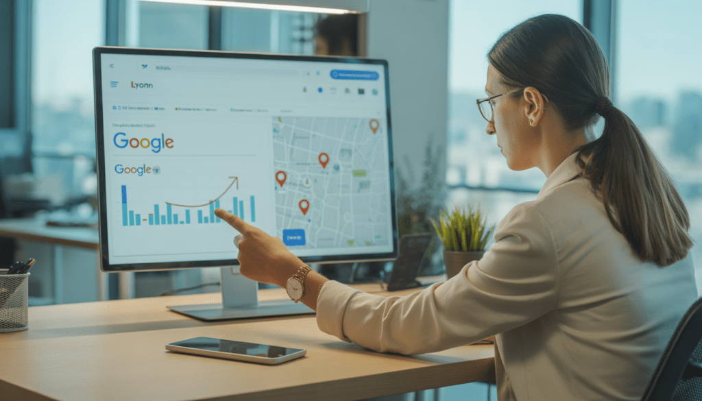 Consultant SEO local analysant les résultats de recherche Google et une carte locale avec marqueurs de position et graphiques de trafic en hausse dans un bureau moderne lumineux à Lyon