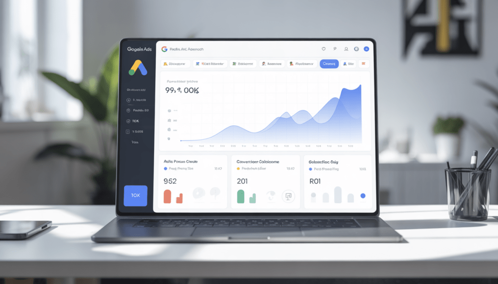 Tableau de bord Google Ads sur un écran moderne montrant des graphiques de performance en hausse, courbes de conversion et indicateurs clairs de ROI dans un bureau minimaliste inspiré de Lyon