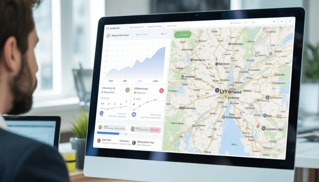 Écran d’ordinateur professionnel affichant une carte locale détaillée de Lyon avec des marqueurs précis pour un artisan, accompagnée de graphiques de visibilité ascendante et d’indicateurs de performance, dans un bureau moderne et lumineux.
