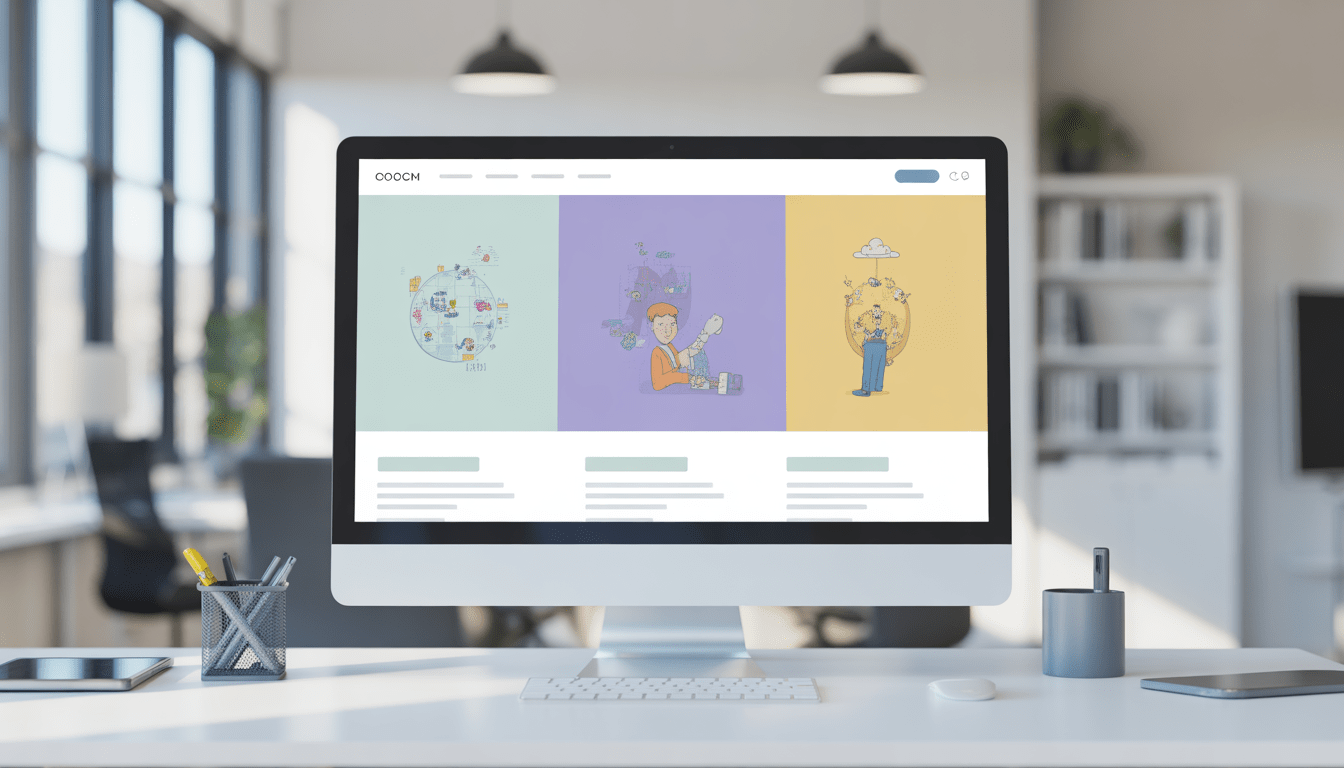 Écran d'ordinateur moderne affichant un design de site web minimaliste et coloré dans un bureau lumineux de consultant en marketing digital