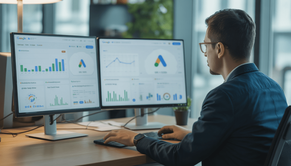 Consultant en marketing digital analysant des tableaux de bord Google Ads avec graphiques de croissance, taux de conversion et indicateurs de ROI sur deux écrans dans un bureau moderne