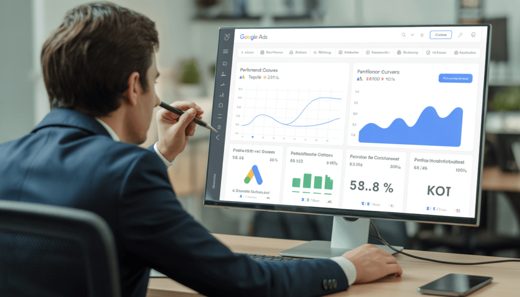 Consultant freelance analysant un tableau de bord Google Ads sur un écran d'ordinateur moderne affichant des graphiques de performance, courbes de croissance et indicateurs de ROI dans un bureau moderne et épuré