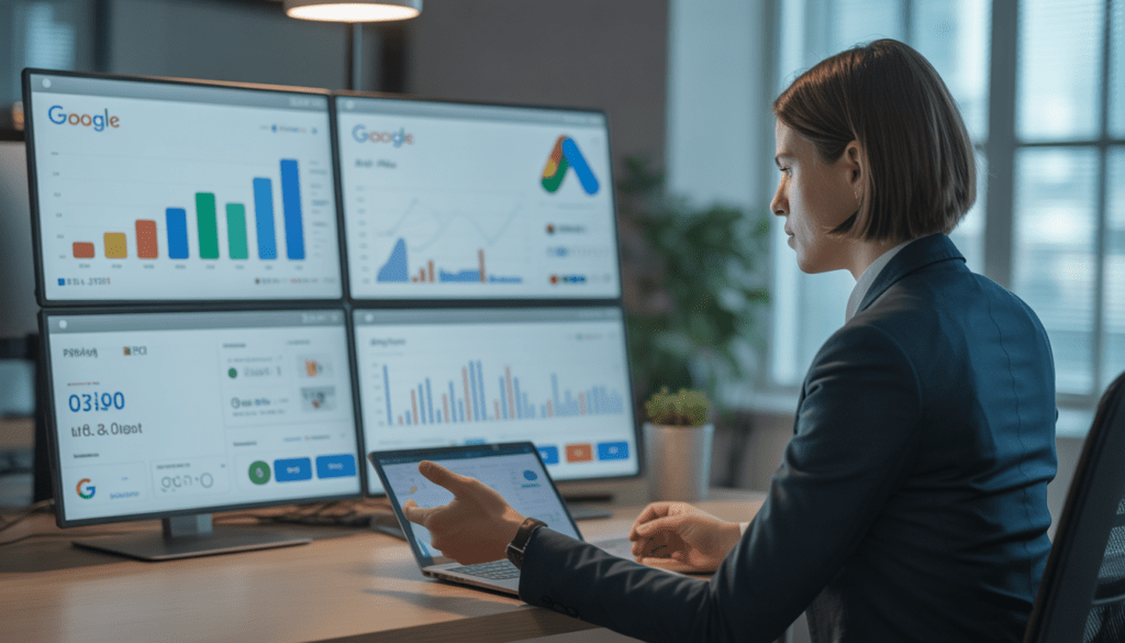 Consultant en marketing digital analysant une campagne Google Ads sur plusieurs écrans avec graphiques de croissance et indicateurs ROI dans un bureau moderne