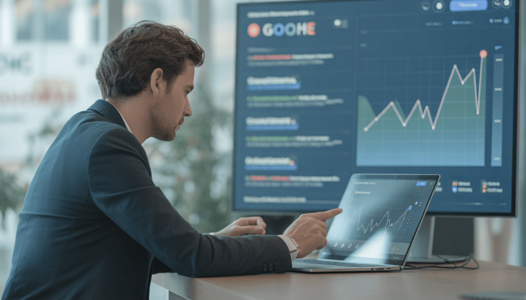 Consultant SEO local travaillant dans un bureau moderne à Lyon, analysant les résultats de recherche Google et des graphiques de trafic en hausse sur des tableaux de bord numériques élégants, avec une lumière naturelle douce dans un environnement minimaliste