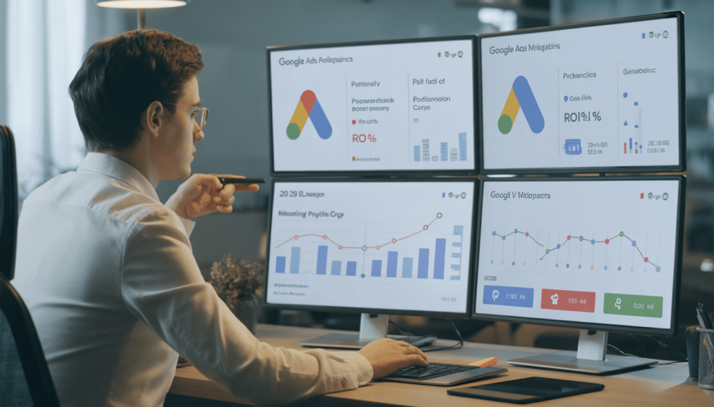 Consultant expert en marketing digital dans un bureau moderne avec plusieurs écrans affichant des tableaux de bord Google Ads, des diagrammes d'automatisation, graphiques de croissance et indicateurs de ROI
