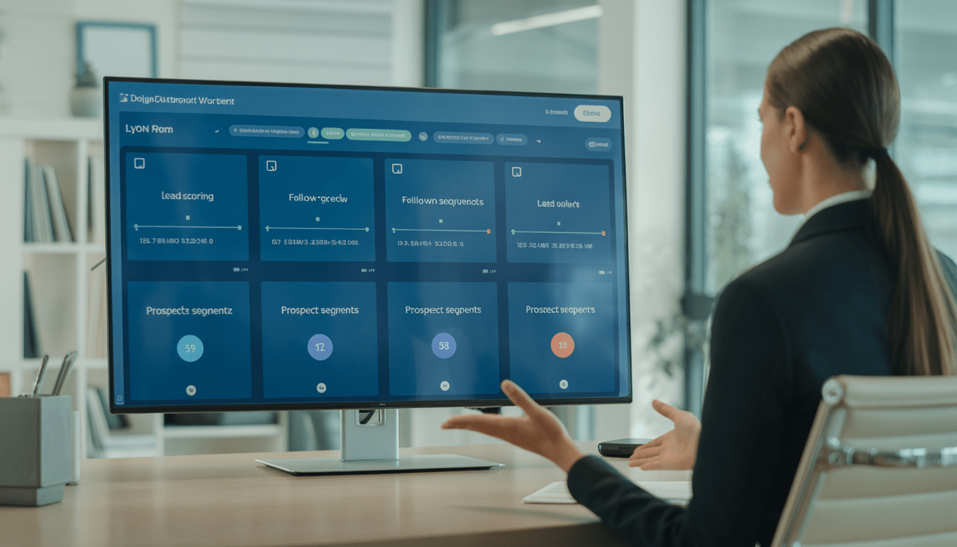 Consultant en automatisation marketing Lyon présentant un workflow automatisé connecté à un CRM dans un bureau moderne