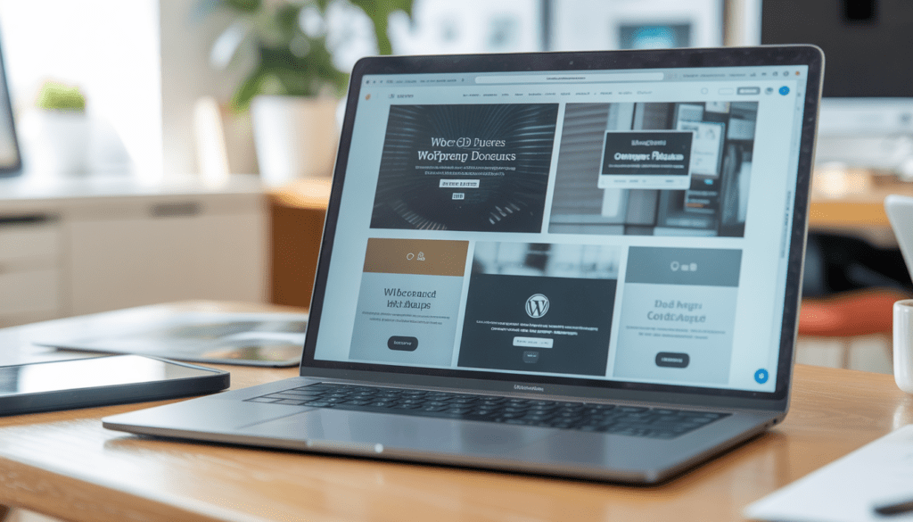 Ordinateur portable affichant un site WordPress moderne et épuré avec des maquettes web élégantes dans un espace de travail lumineux et propre d'une agence digitale à Lyon