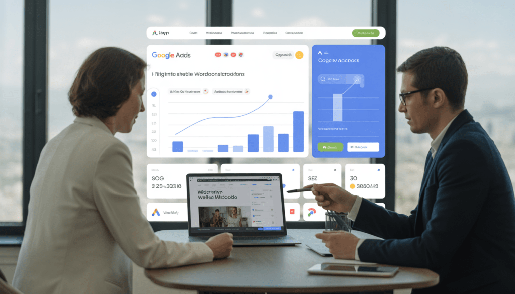 Consultant marketing digital Lyon en discussion stratégique avec un dirigeant de PME dans un bureau lumineux avec vue sur la ville