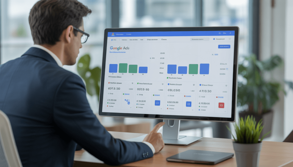 Consultant digital analysant un tableau de bord Google Ads avec courbes de performance, indicateurs de conversion et coût par clic, dans un bureau moderne à Lyon avec éclairage naturel haute technologie