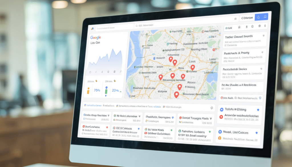 Écran d’ordinateur affichant une carte locale de Lyon avec des marqueurs rouges sur des restaurants, entouré de graphiques de croissance du trafic et de résultats Google optimisés pour le SEO local
