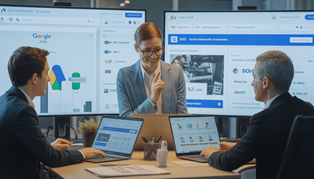 Consultant marketing digital Lyon en réunion avec des PME locales dans un bureau moderne, analysant des données Google Ads et SEO sur plusieurs écrans