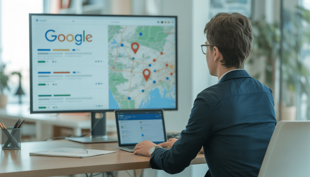 Consultant SEO local travaillant dans un bureau minimaliste à Lyon, devant un écran affichant des résultats Google et une carte locale avec des marqueurs de position