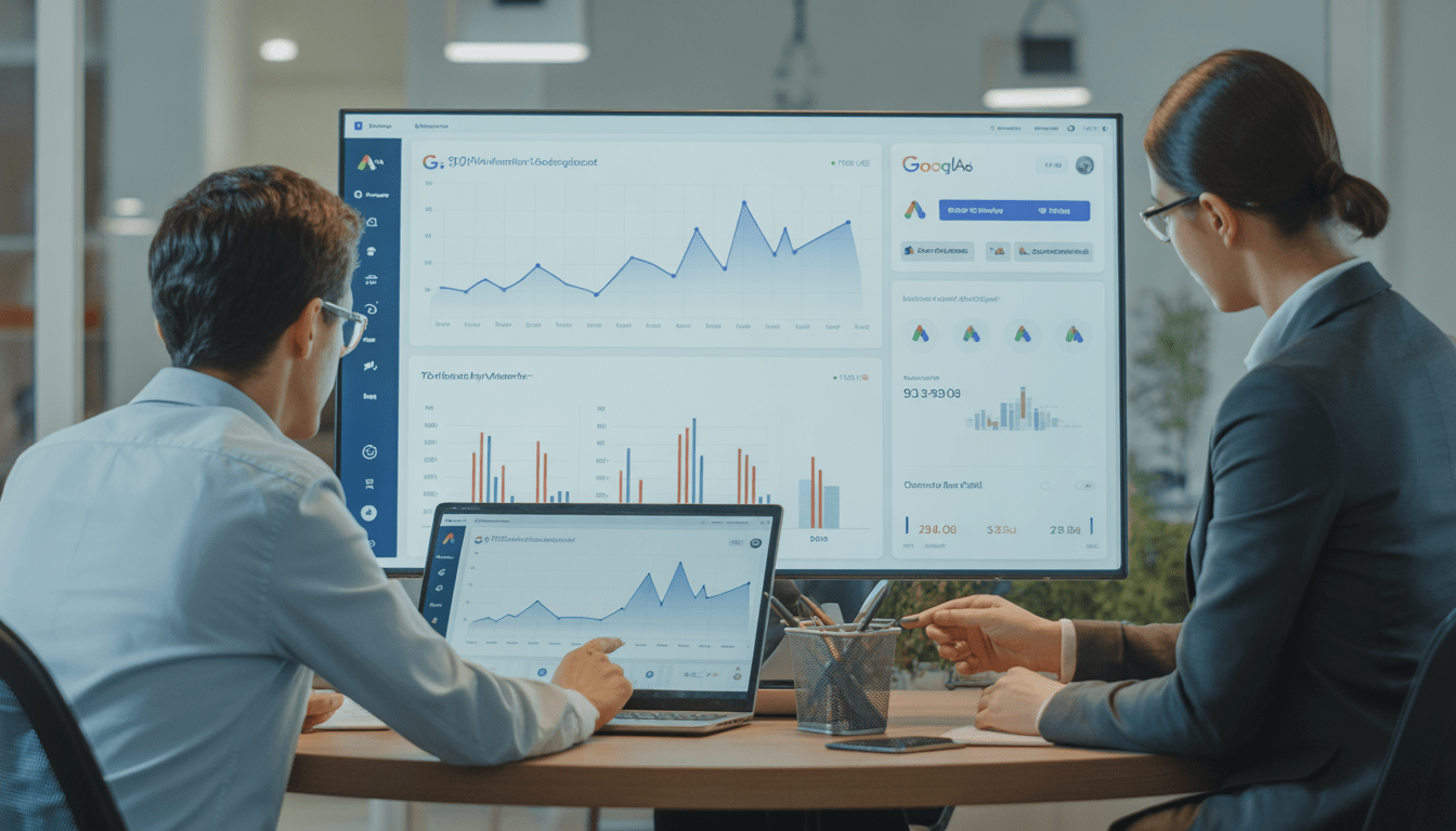 Consultant marketing digital Lyon analysant des données SEO et Google Ads avec une équipe d'une PME lyonnaise dans un bureau moderne