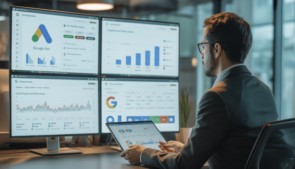 Consultant expert en marketing digital analysant plusieurs écrans avec tableaux de bord Google Ads, graphiques de croissance ROI et métriques de conversion dans un bureau moderne