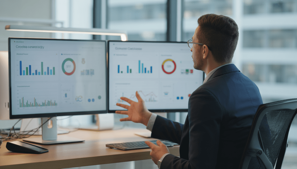 Consultant en marketing digital présentant une stratégie de croissance dans un bureau moderne avec écrans affichant tableaux de performance et graphiques de conversion