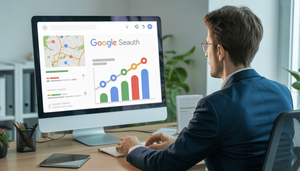Consultant SEO local à Lyon travaillant sur un ordinateur affichant les résultats de recherche Google, une carte locale avec des marqueurs et des graphiques de trafic en hausse dans un bureau moderne et lumineux