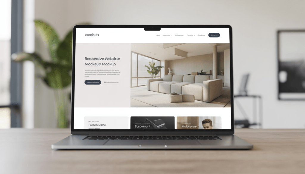 Ordinateur portable moderne affichant une maquette de site web responsive et professionnelle dans un bureau contemporain minimaliste