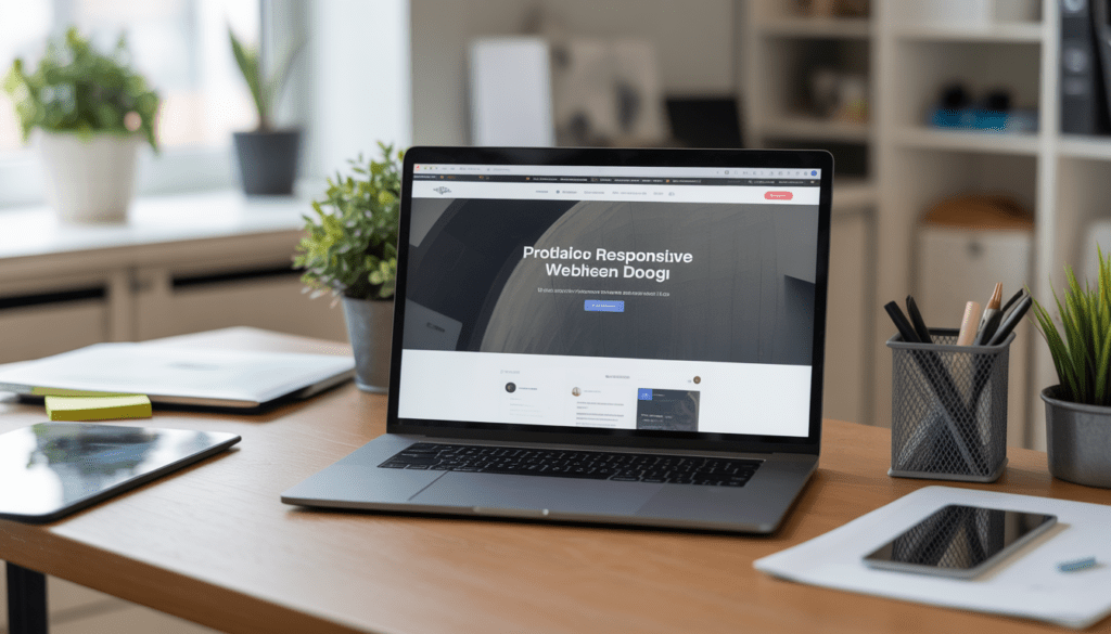 Espace de travail moderne avec un freelance à Lyon, ordinateur portable affichant une maquette web WordPress responsive, bureau ordonné avec éléments de design web, éclairage professionnel