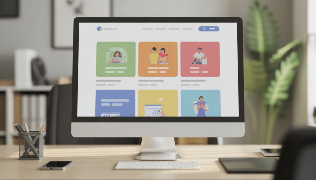 Écran d'ordinateur moderne affichant un design de site web minimaliste et vibrant dans un bureau de consultant en marketing digital professionnel et lumineux