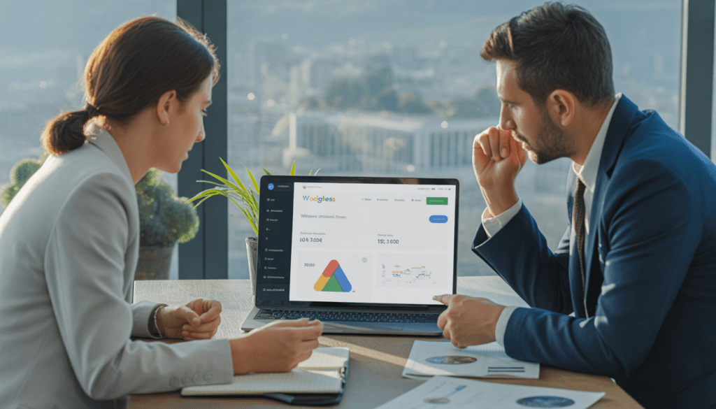 Consultant marketing digital Lyon et propriétaire de PME collaborant dans un bureau moderne autour d’un ordinateur avec site WordPress et métriques SEO locales