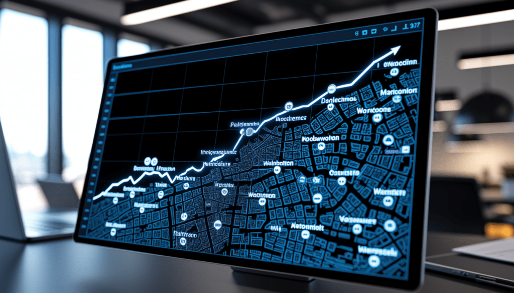 Carte numérique illuminée de Lyon avec des marqueurs précis d'ateliers d'artisans, superposée à un graphique de trafic ascendant, dans un bureau moderne avec éclairage haute technologie