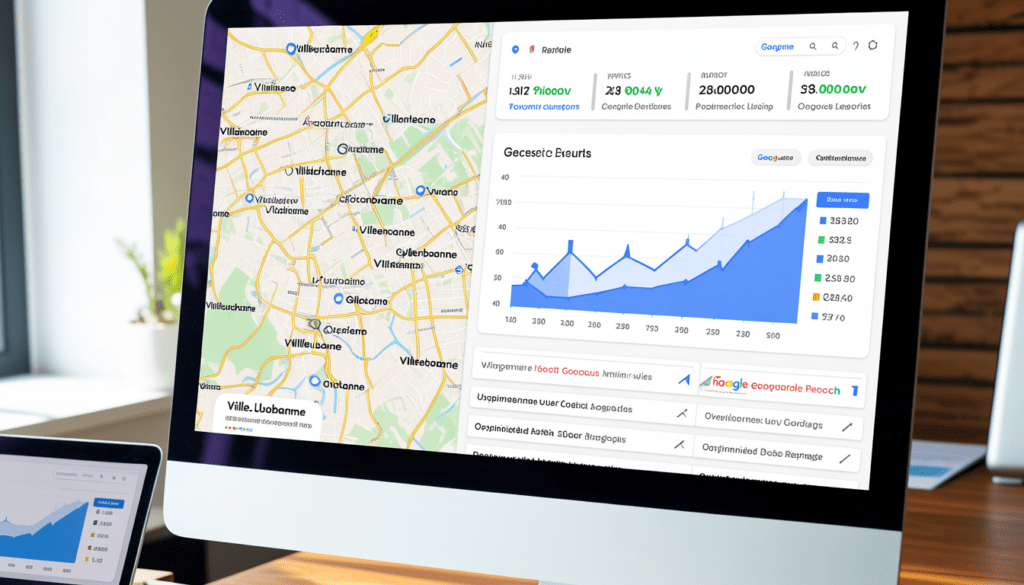 Écran d'ordinateur affichant une carte locale de Villeurbanne avec des marqueurs d'artisans et un tableau de bord SEO montrant des graphiques de trafic en hausse et des résultats Google optimisés, dans un bureau moderne avec lumière naturelle