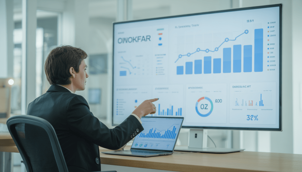Consultant digital marketing analysant des graphiques de croissance et tableaux de bord publicitaires sur grand écran dans un bureau moderne lumineux