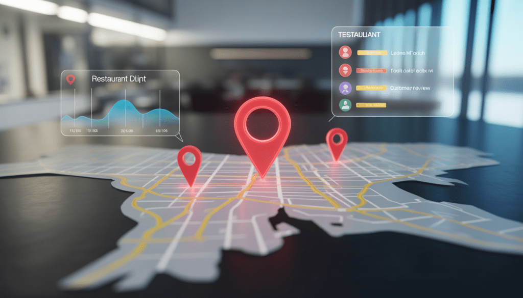Carte digitale de Lyon avec un marqueur rouge lumineux sur un restaurant, entouré de trois points de localisation indiquant une forte visibilité dans le Local Pack, avec graphiques de données transparents et ambiance moderne haute technologie