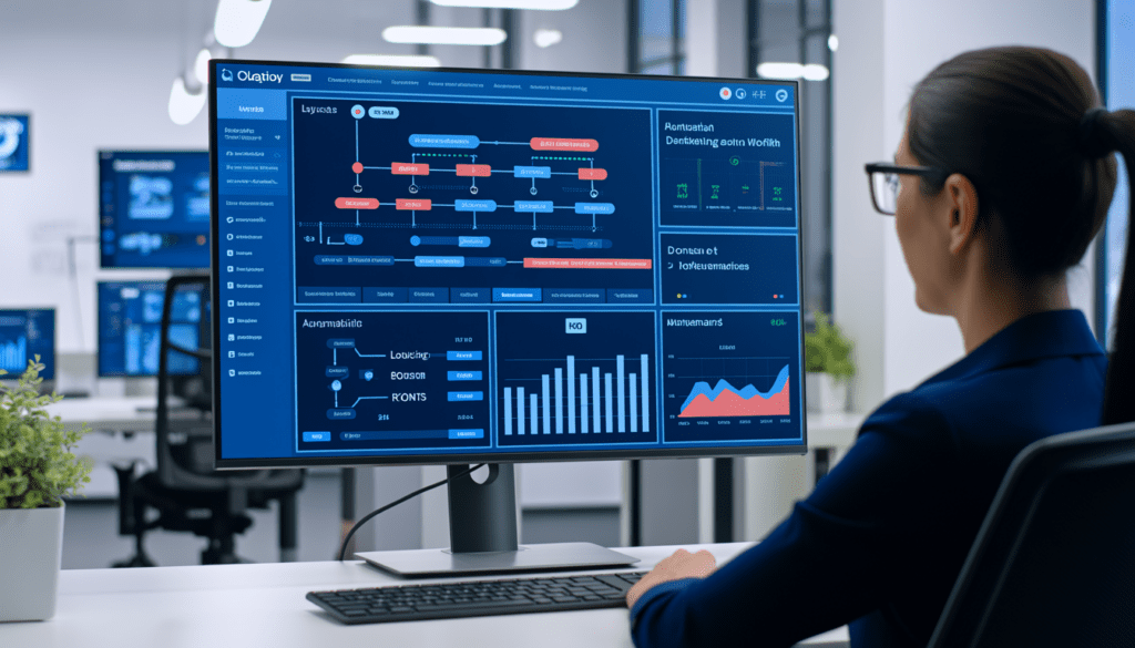 Consultant en automatisation marketing Lyon analysant un workflow automatisé sur un écran large dans un bureau moderne minimaliste