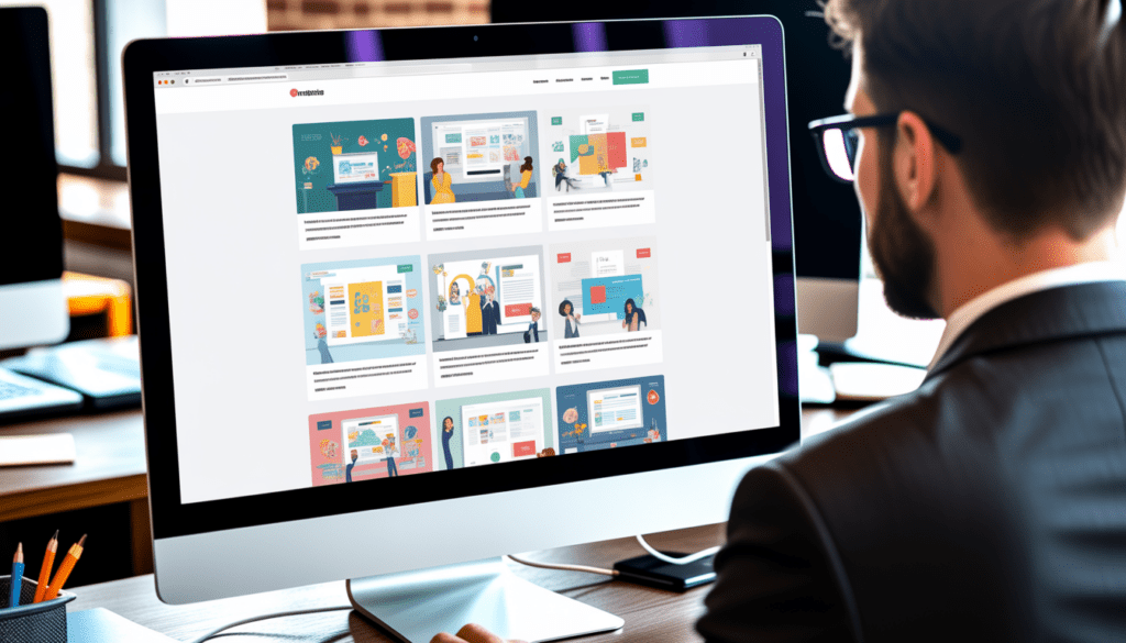 Écran d'ordinateur moderne affichant un design de site web minimaliste avec illustrations simples et couleurs vives dans un bureau de consultant en marketing digital
