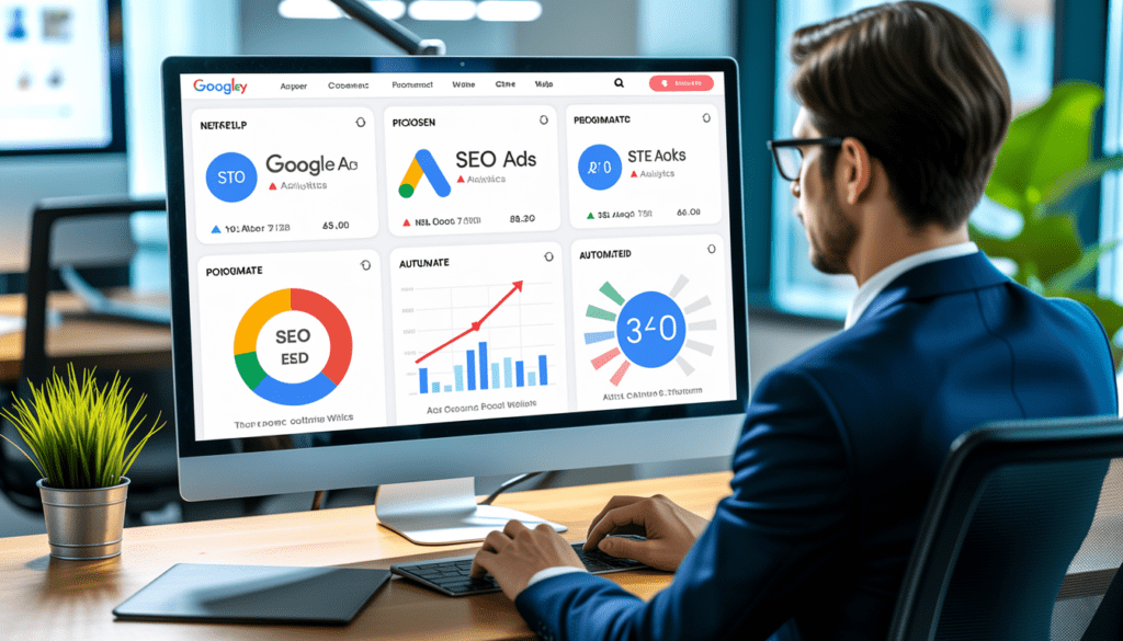 Consultant en stratégie digitale professionnel assis à un bureau moderne avec un ordinateur affichant des tableaux de performance Google Ads et SEO