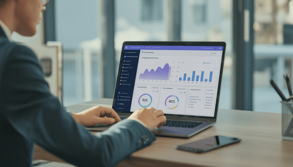 Consultant marketing digital travaillant dans un bureau moderne à Lyon, laptop affichant un tableau de bord analytique avec graphiques de croissance et indicateurs de performance ROI, environnement lumineux et épuré