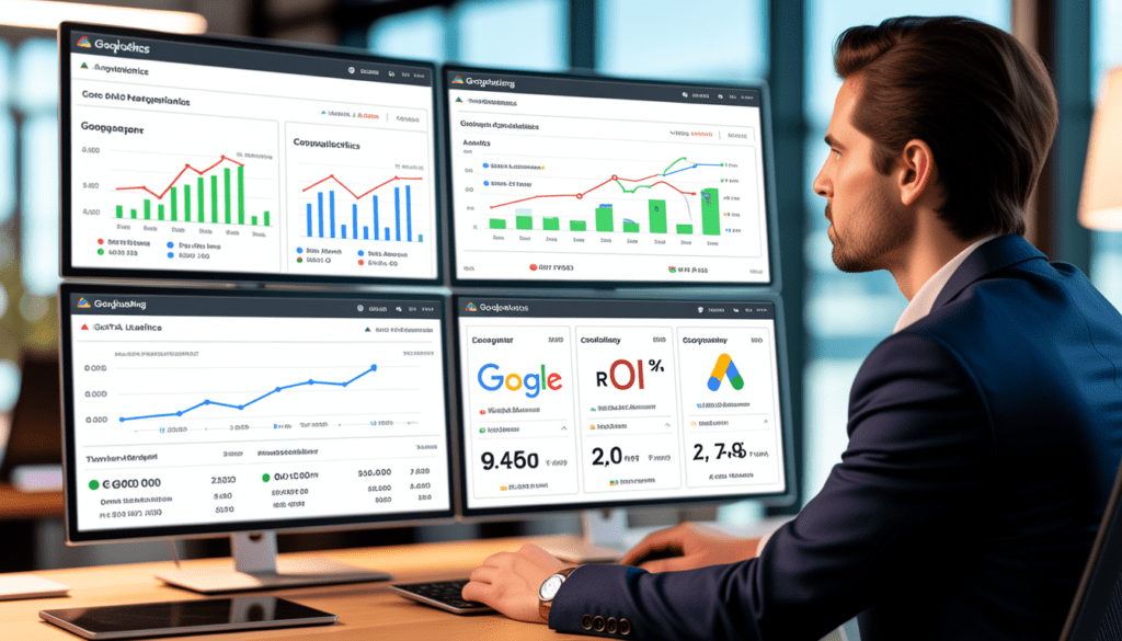 Consultant en marketing digital analysant des tableaux de bord et des graphiques de performance Google Ads dans un bureau moderne avec lumière naturelle