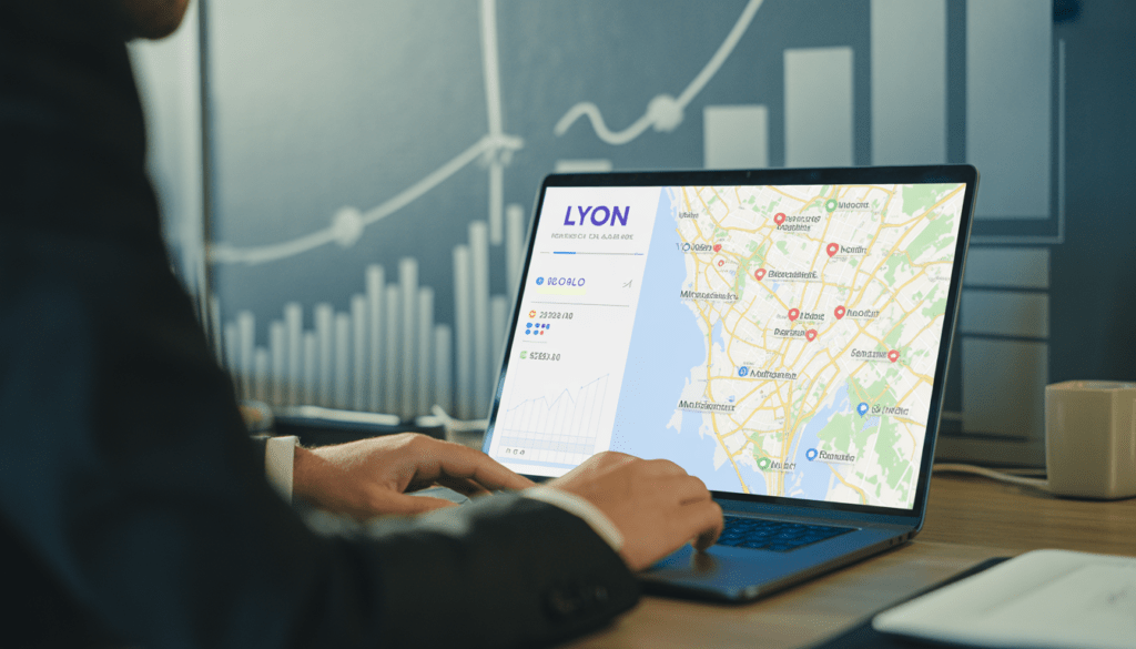 Consultant SEO local travaillant sur un ordinateur portable affichant une carte de Lyon avec des marqueurs sur des restaurants modestes dans un bureau moderne et lumineux