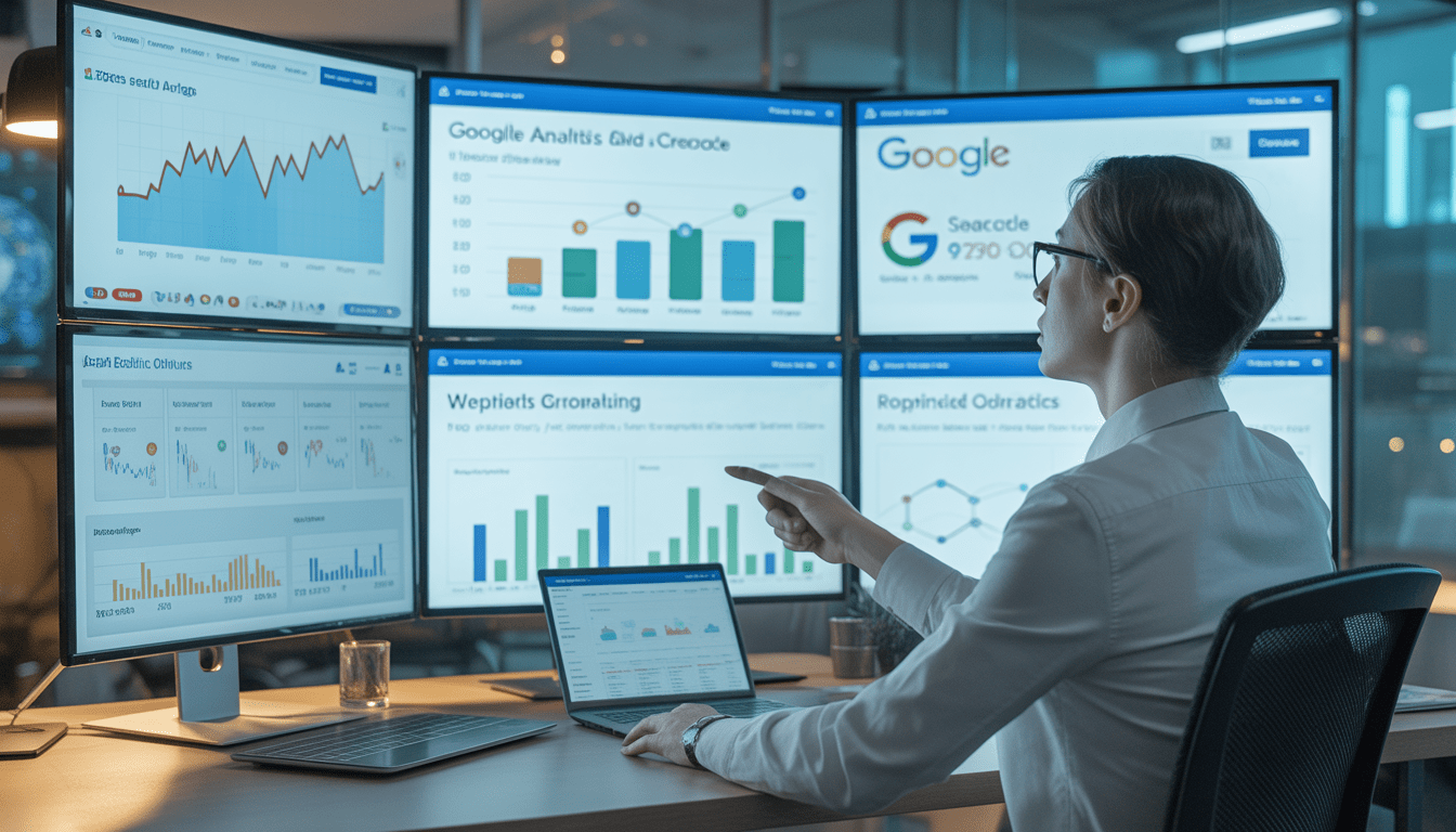 Expert SEO dans un bureau moderne analysant plusieurs écrans avec graphiques de trafic, données de mots-clés, tableaux de bord Google Analytics et Search Console, et page web optimisée
