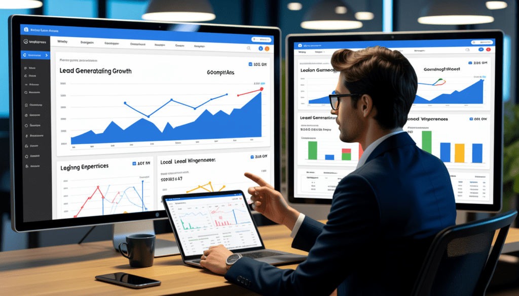 Consultant marketing digital Lyon analysant des tableaux de bord de génération de leads et ROI dans un bureau moderne