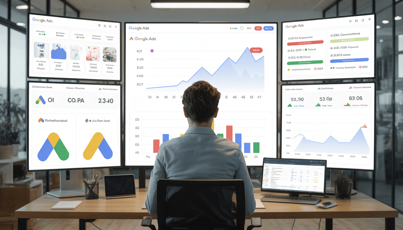 Consultant en marketing digital dans un bureau moderne à Lyon avec campagne google ads rentable Lyon affichée sur plusieurs écrans