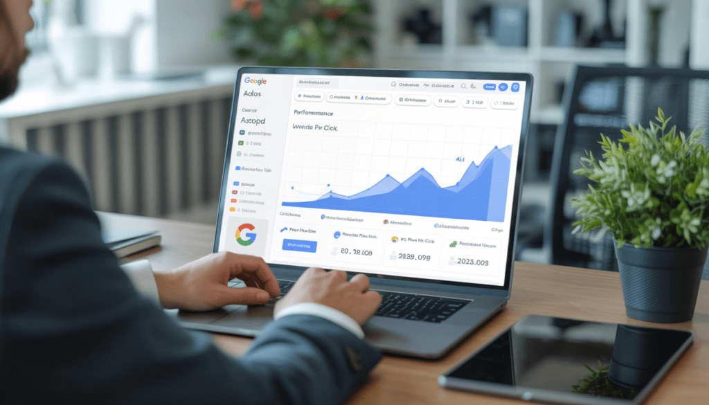 Consultant freelance travaillant sur un ordinateur portable dans un bureau professionnel moderne à Lyon, affichant un tableau de bord Google Ads avec des courbes de performance ascendantes, coût par clic et conversions mis en avant, ambiance technologique et lumineuse